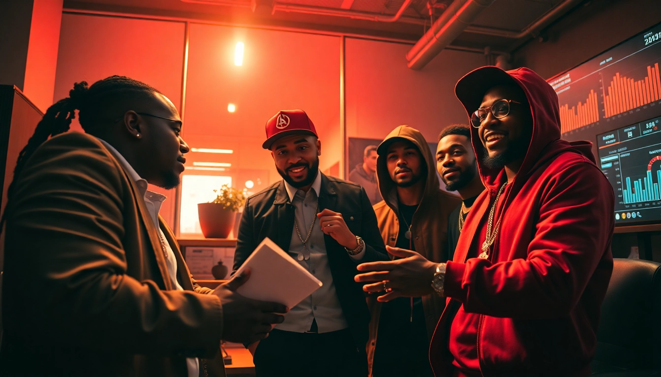 Engaging hip hop publicist strategizing with artists in a vibrant office setting.