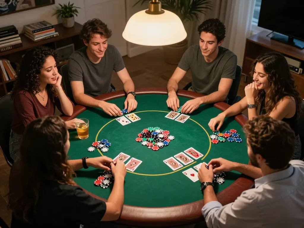 Players enjoying a lively poker night with chips and cards at home, showcasing strategies at N188 com.