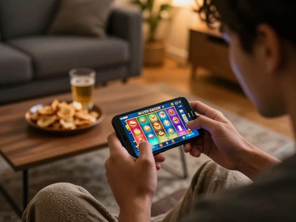Player enjoying SLOT GACOR gaming on smartphone in a cozy home setting, focused and engaged