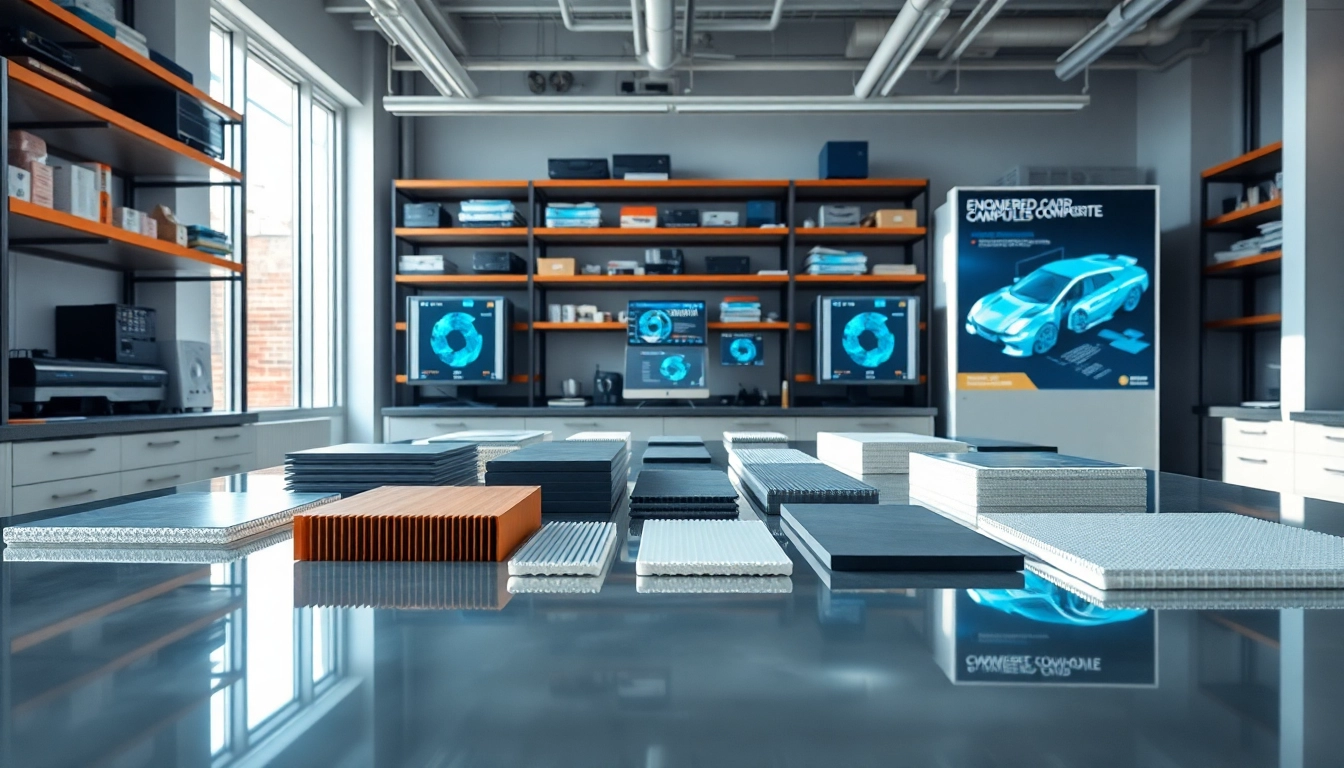 Showcase of engineered composites highlighting materials and innovation in a modern lab.