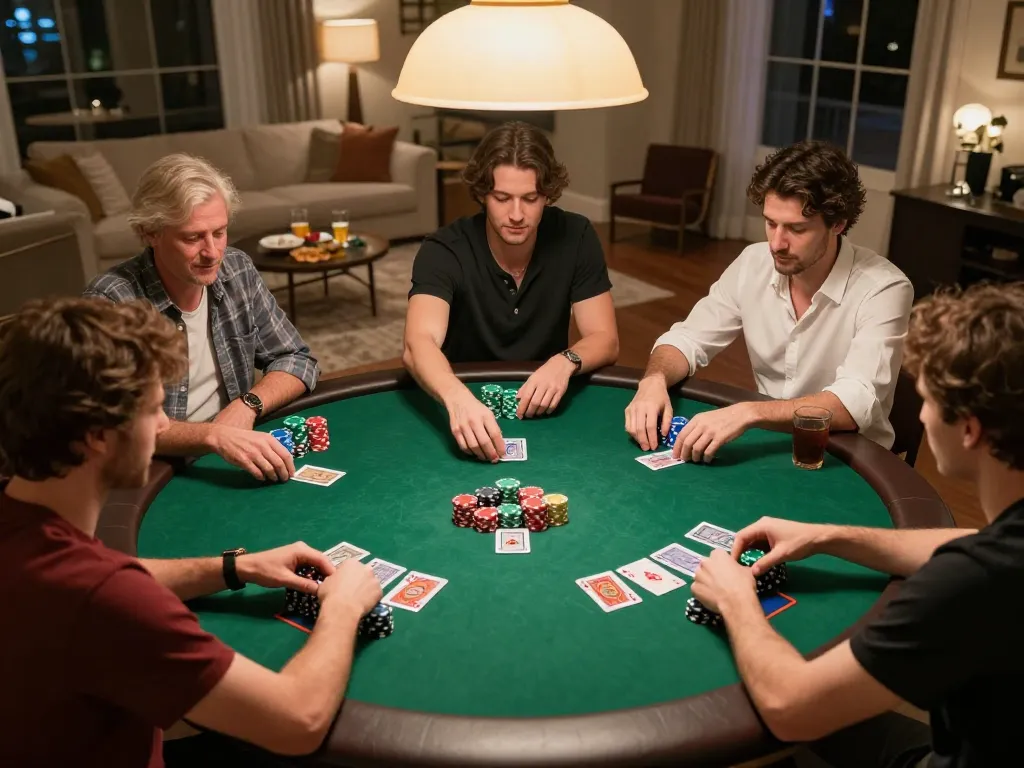 Engaging poker night with friends showcasing giường bệnh nhân and competitive gameplay atmosphere