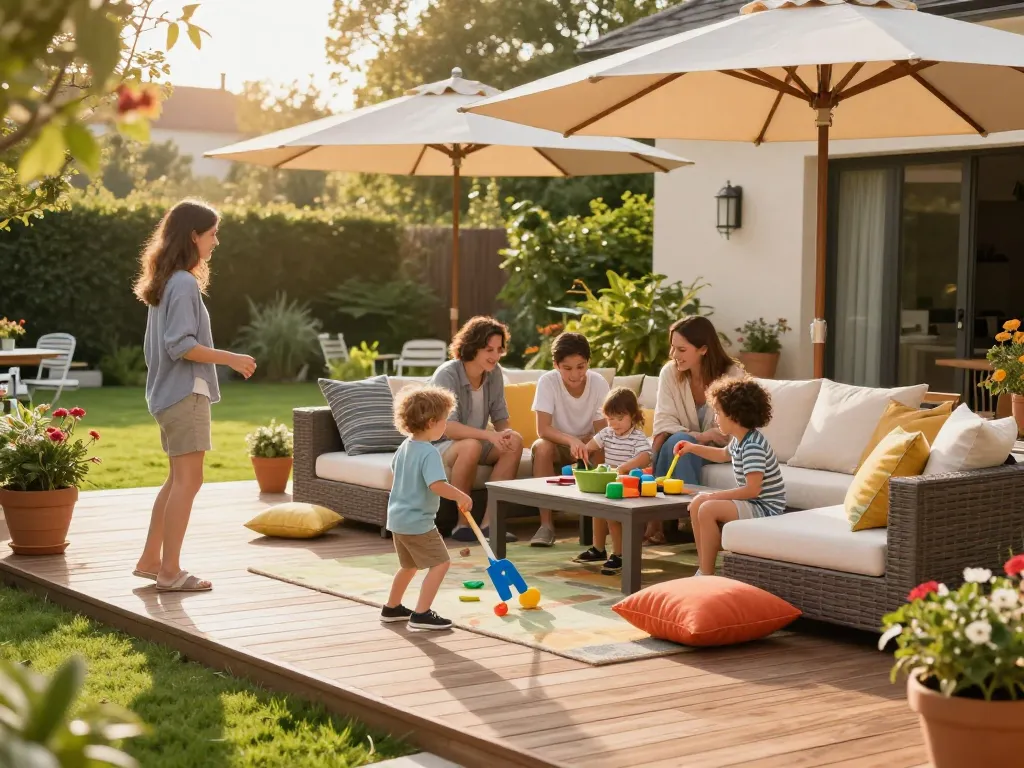 Family enjoying a cozy outdoor living space with a configuratore 3D outdoor tool.