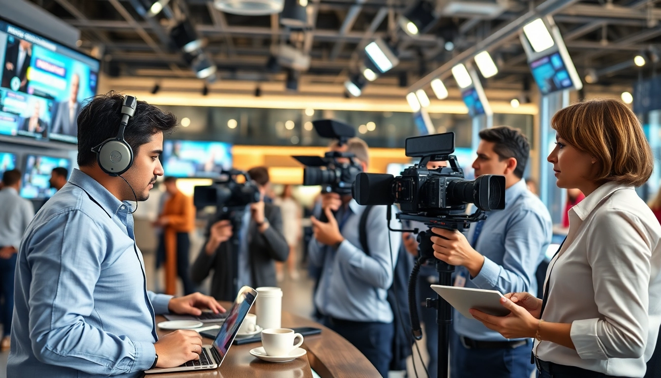 Journalists engaged in news reporting at https://www.thedailynewsonline.com with vibrant settings and technology.