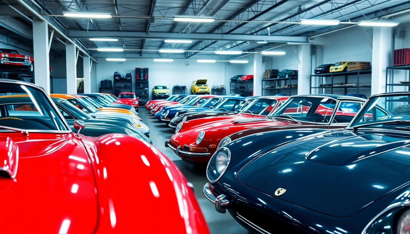 Showcase of classic car storage featuring pristine vehicles in a well-lit facility.