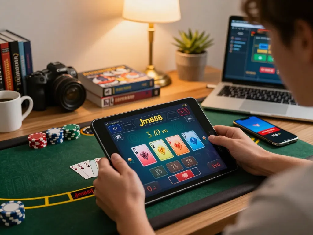 Engaged player using jmb88 for blackjack strategies on a tablet in a cozy home office