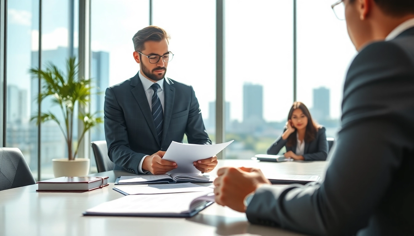 Boca Raton Real Estate Litigation Lawyer consulting with clients in a modern office setting.
