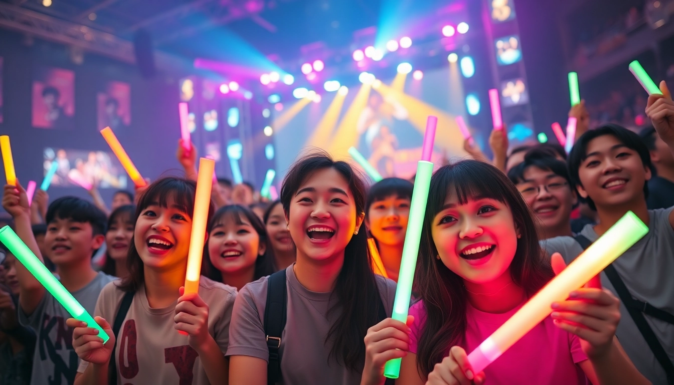 Fans enjoying a K-pop concert experience at https://www.kpopangel.com with colorful light sticks.