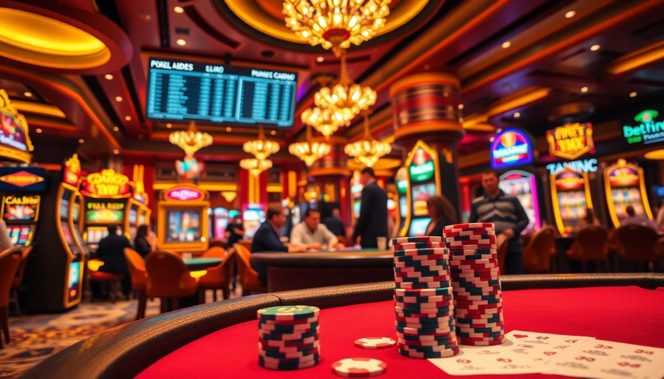 Experience Trực Tiếp Bóng Đá EU at an exhilarating casino gaming floor, filled with vibrant slot machines and intense poker moments.