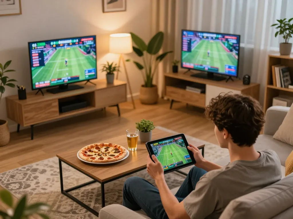 Bet on sports with MB88 using a tablet in a stylish living room for a strategic gaming experience.