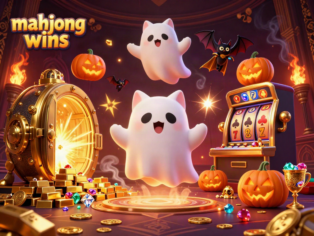 Experience mahjong wins in a vibrant casino scene with a ghost cat and golden treasures.