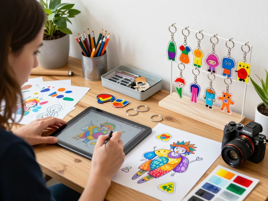 Artist designing custom acrylic keychains with vibrant samples and sketches in an inspiring workspace.