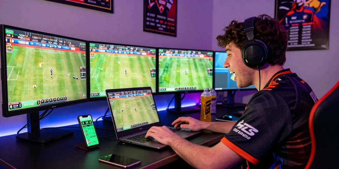 Excited player engaging with nhà cái shbet while placing live sports bets in a vibrant gaming environment.