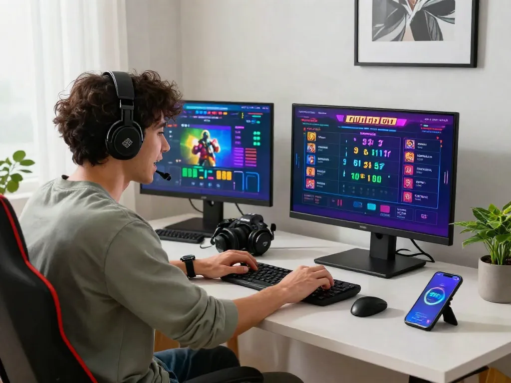 Engaging scene of a user on DJARUMBOS LINK ALTERNATIF betting platform, showcasing modern home office setup.