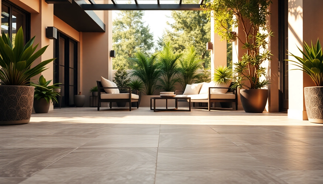 Carrelages extérieurs présentés sur une terrasse extérieure élégante.
