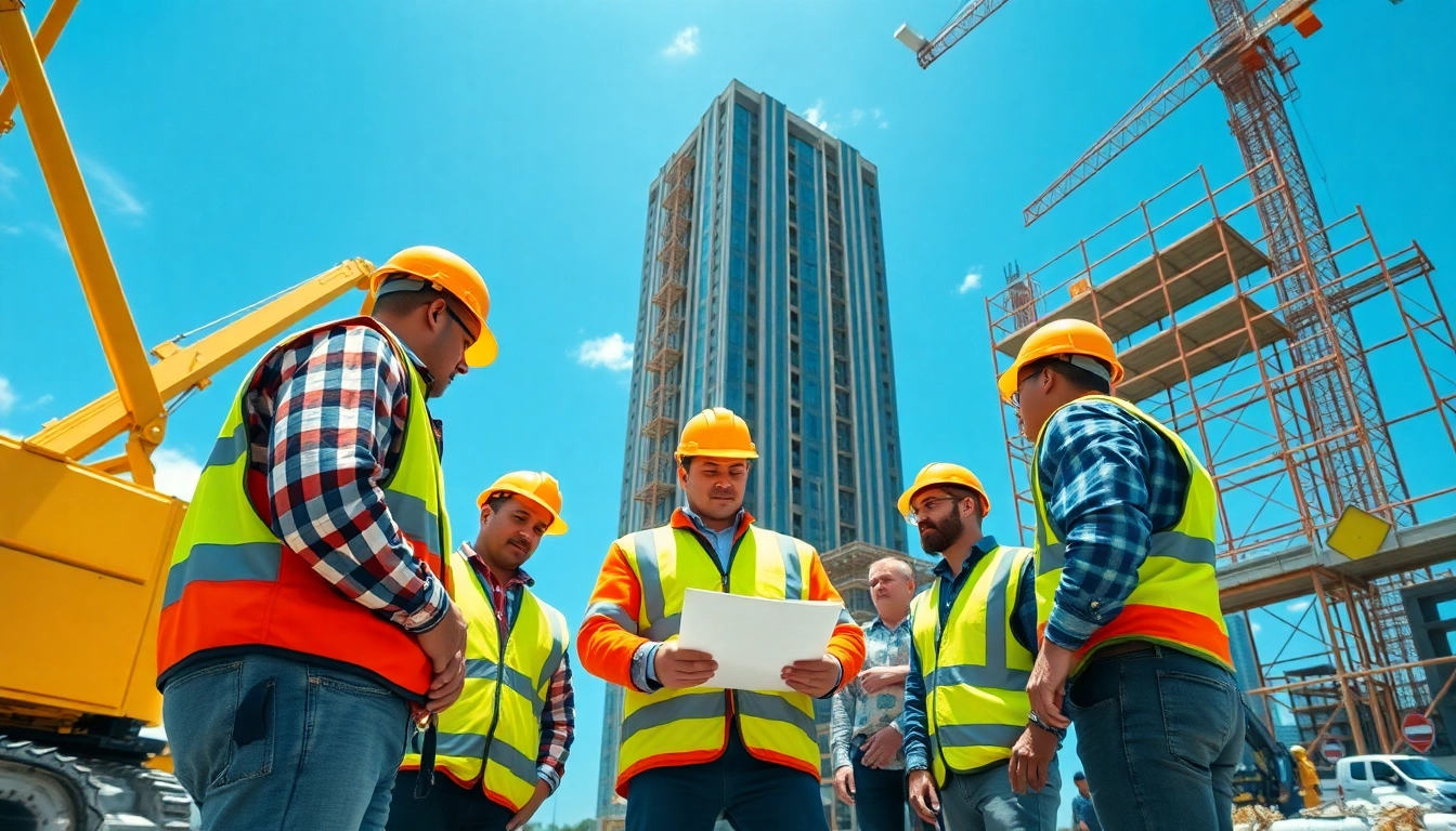 Construction association workers collaborating on a building site with machinery.