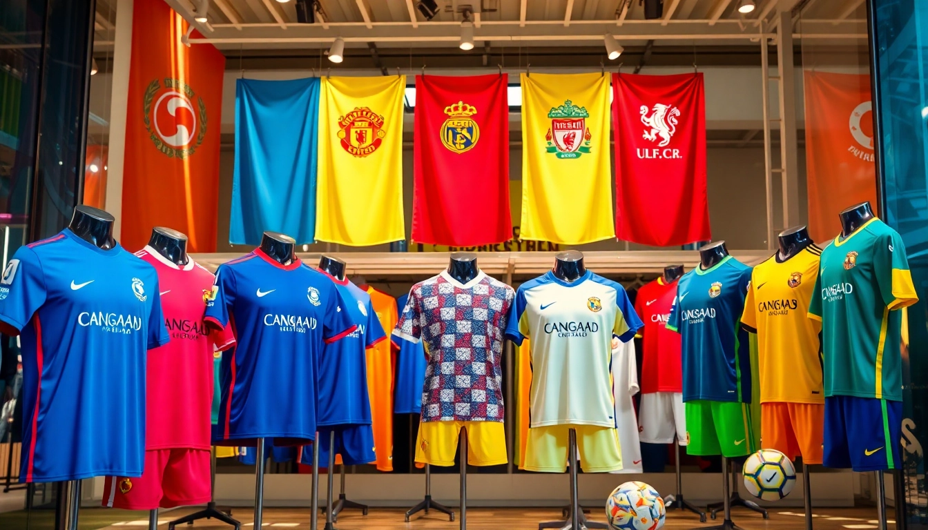 Showcase of football kits with vibrant designs in a sports retail setting.
