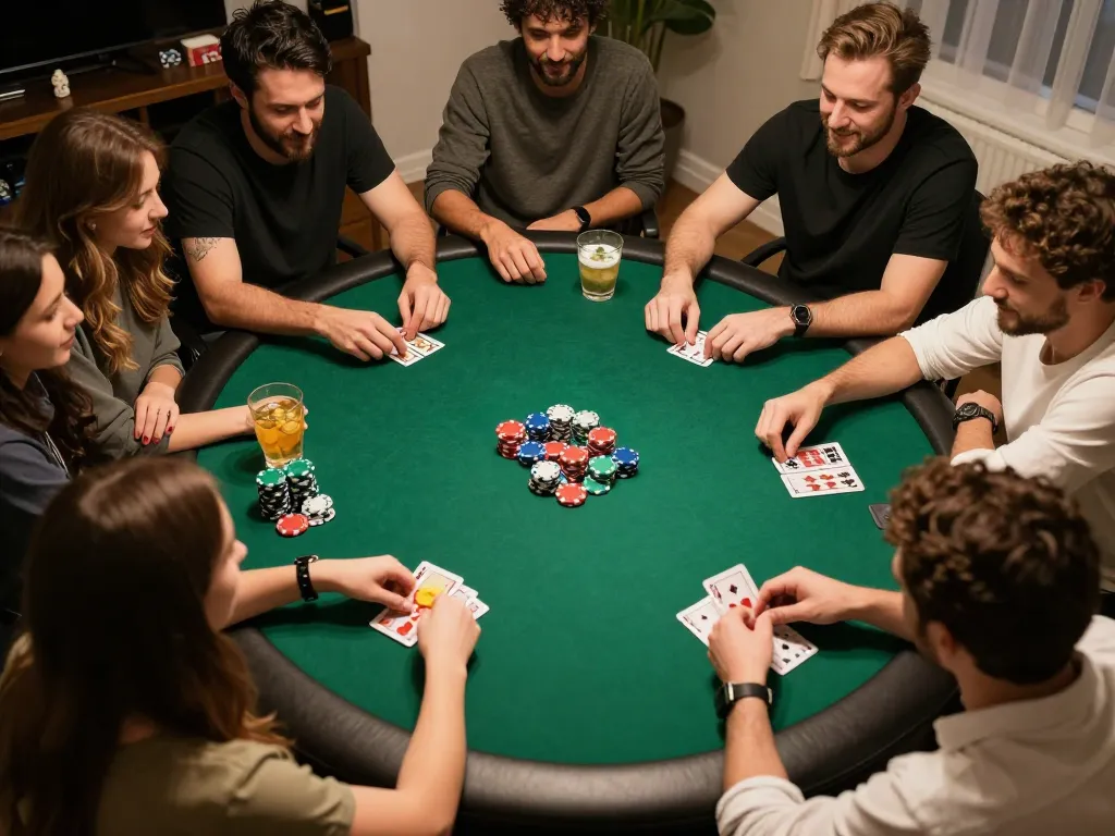 Players strategizing during an exciting home poker night with chips and drinks, embracing slot77 gaming experience