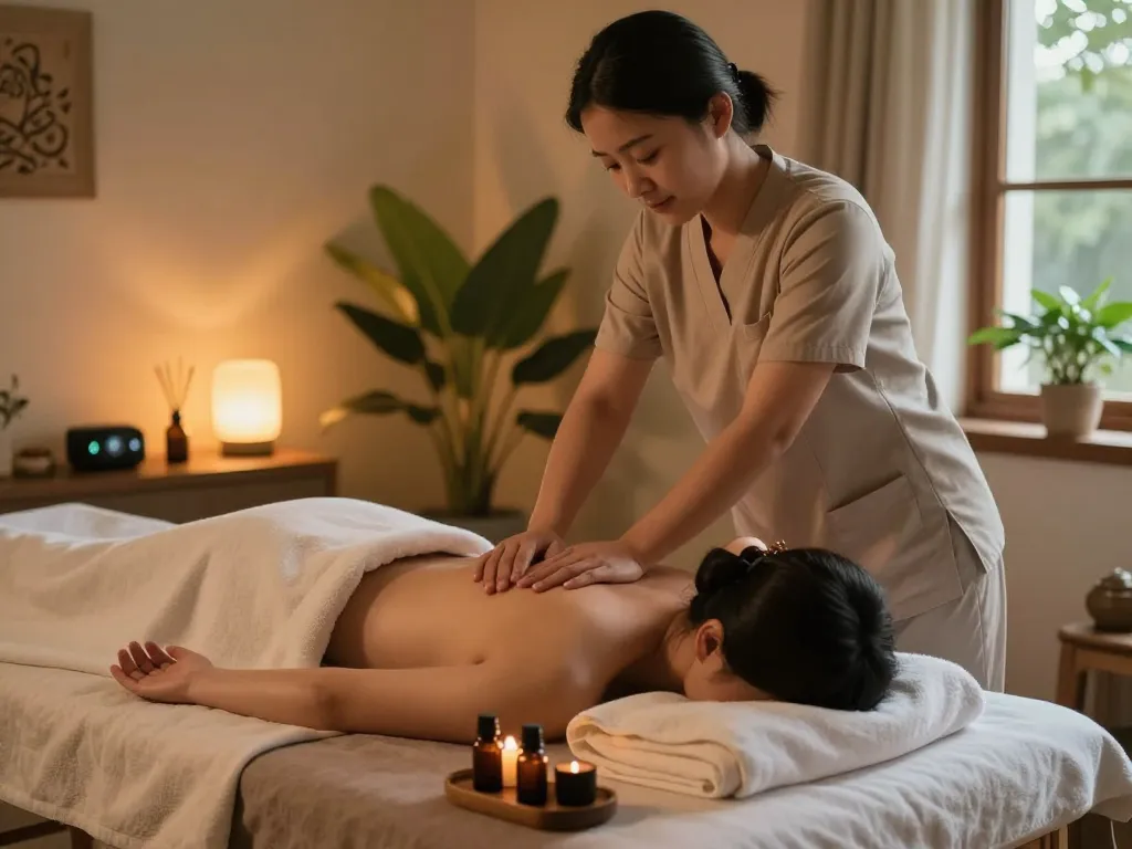 Relaxing wellness massage at home by www.maxim-anma.net with a professional therapist, soothing ambiance, essential oils and soft lighting.