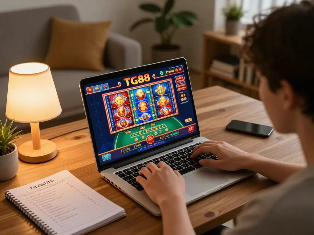Player engaging with TG88 online casino games on a laptop in a cozy living room setting