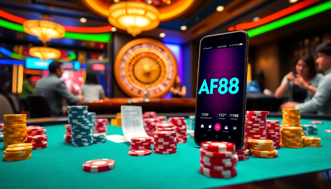 Exciting AF88 online gambling scene with poker chips, cards, and a roulette wheel.