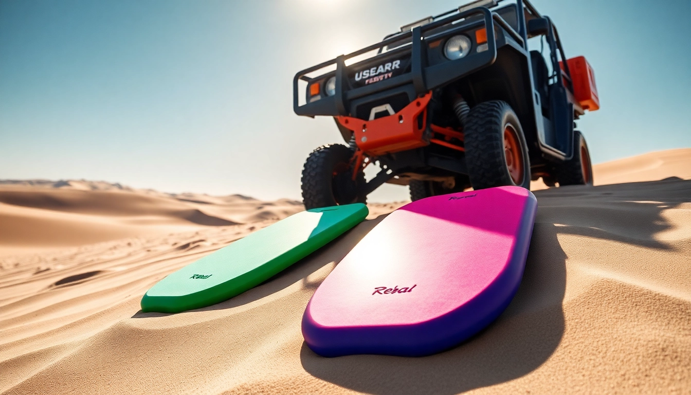 Recovery Boards displayed next to an all-terrain vehicle in a sandy landscape, showcasing durable design.