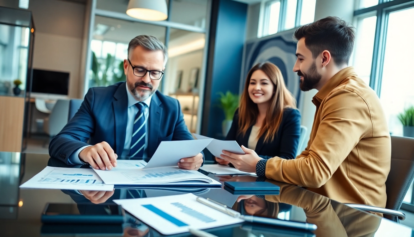 SMSF accountant strategizing with clients in a modern financial office.