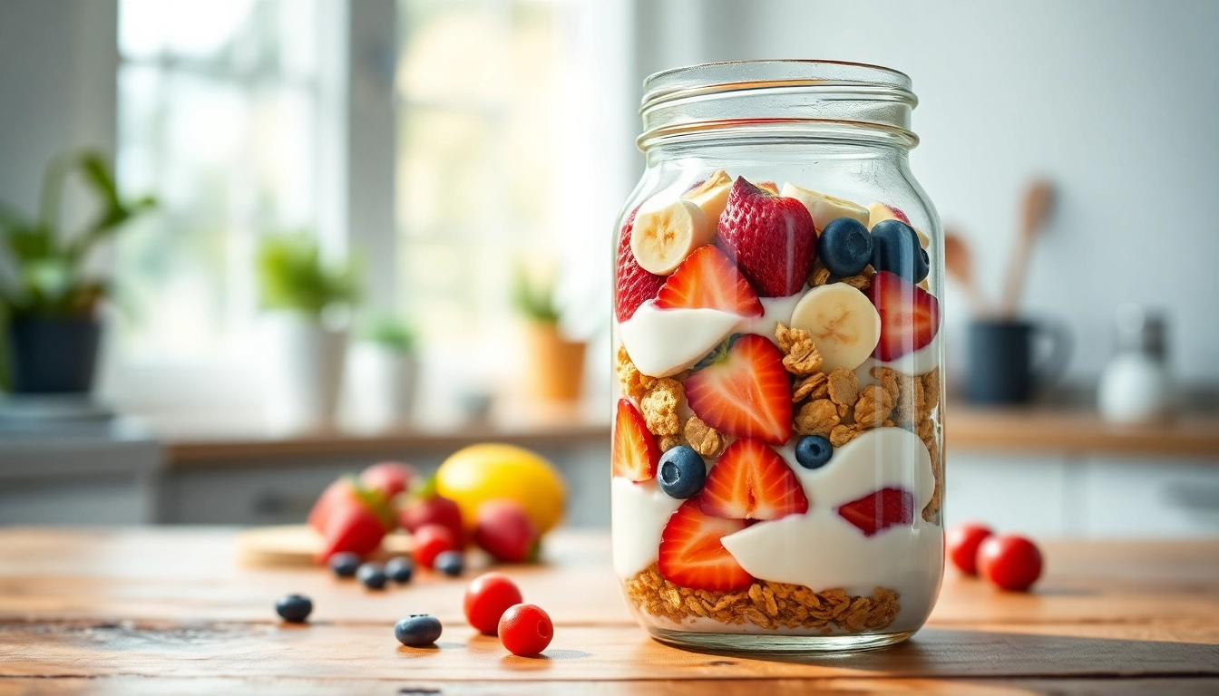 Delicious and colorful breakfast parfait in a mason jar, inspired by https://masonjarbreakfast.com.