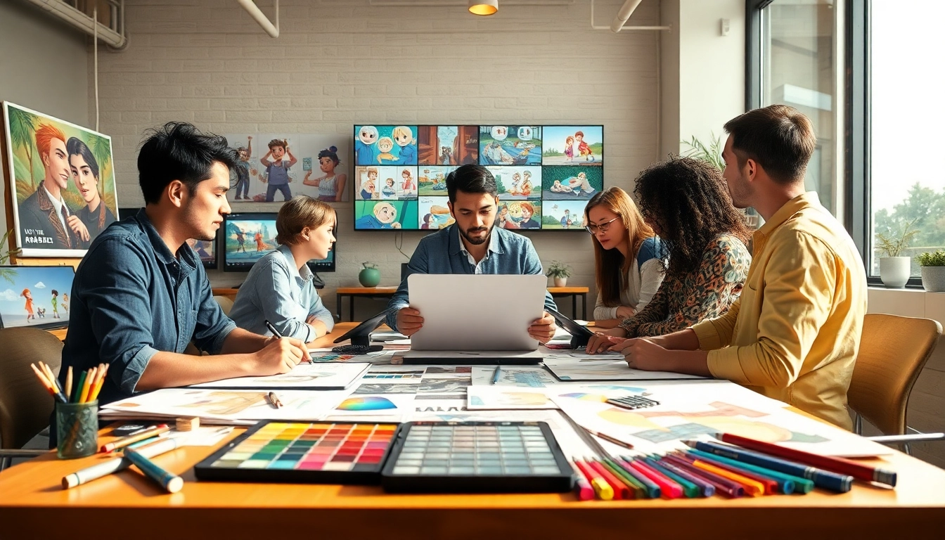 Animation Agency kreativ arbeiten in einem modernen Studio mit bunten Werkzeugen und Skizzen