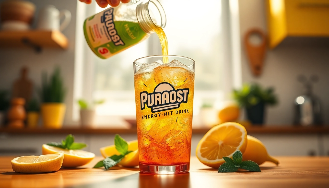 Refreshing Puraboost energy drink mix poured into a glass, surrounded by fresh ingredients.