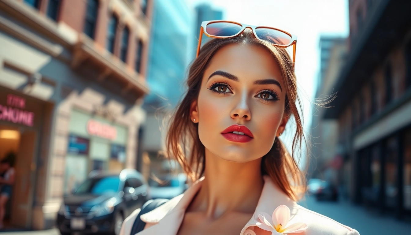 Showcase of beauty and style featuring a fashionable model in an elegant urban setting.