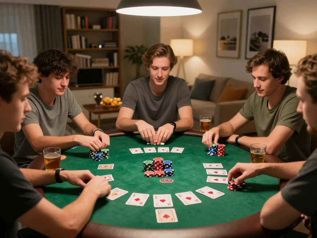 Friends enjoying a lively poker game at home showcasing vipwin gameplay strategy and social bonding