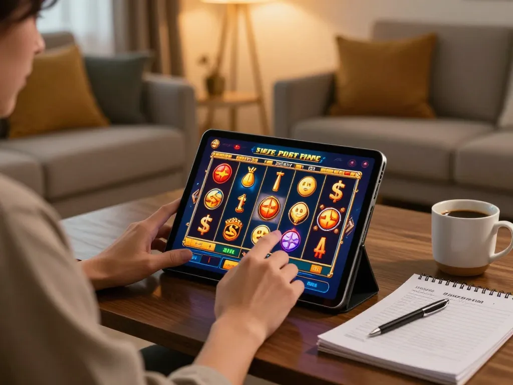 Engaging in demo slot gameplay on a tablet in a cozy home setting, showcasing a colorful screen and strategic planning.