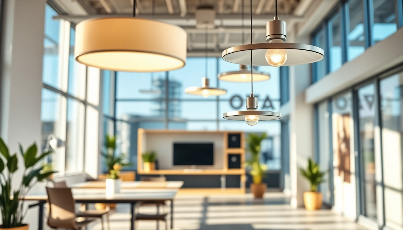 Showcasing innovative lighting solutions in a modern office environment with natural light.