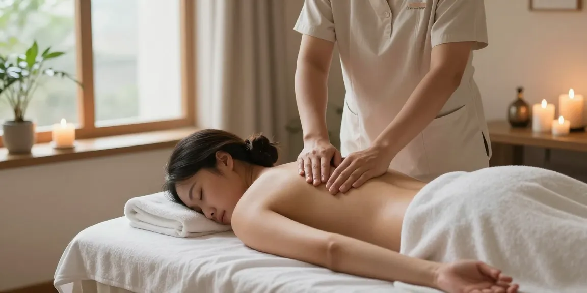 마사지 시술을 받는 고객과 아로마 테라피 촛불이 있는 편안한 마사지실 모습