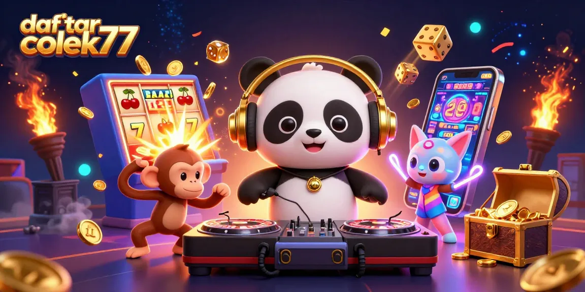 Join the fun at daftar colek77 with a DJ panda and friends spinning wins in this vibrant casino illustration.