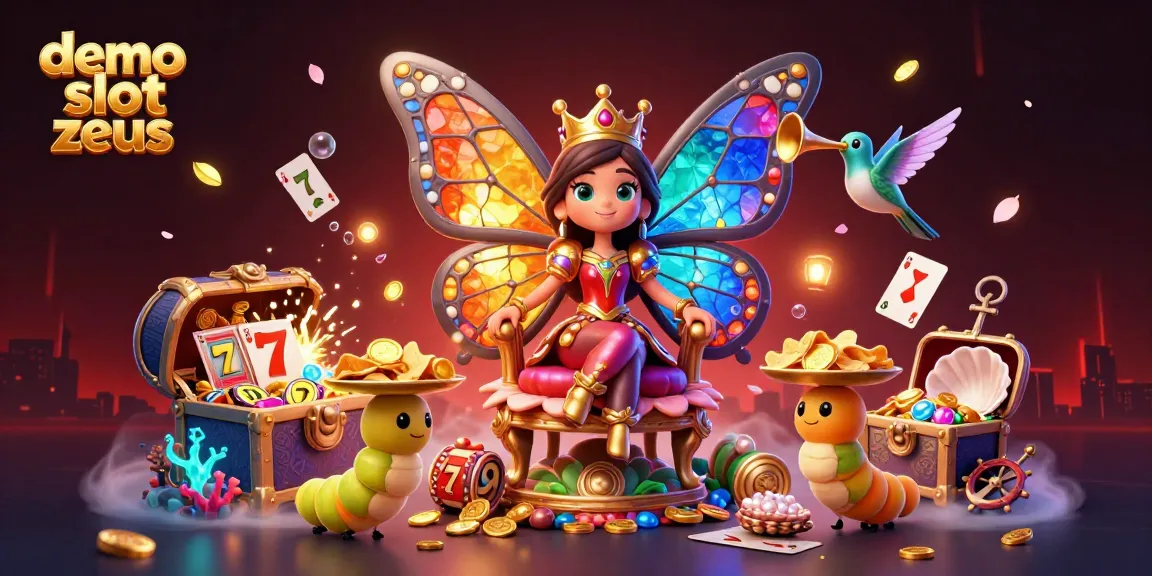 Experience the excitement of demo slot zeus with a vibrant scene of a butterfly queen and animated characters in a casino setting.