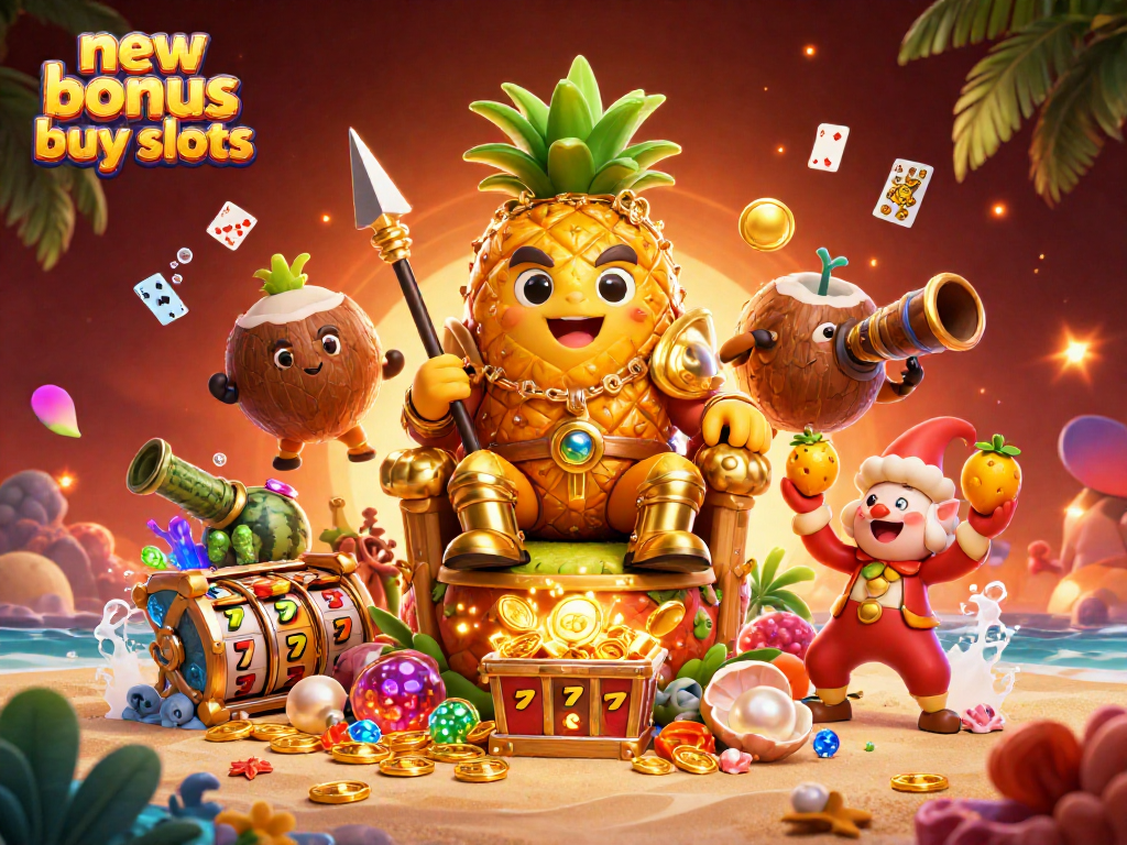 Discover new bonus buy slots in a vibrant 3D casino scene featuring characters and elements.