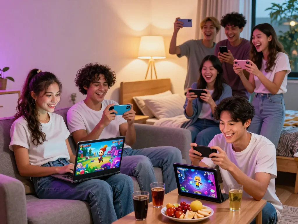 Players enjoying free sex games on devices in a lively and inviting atmosphere.