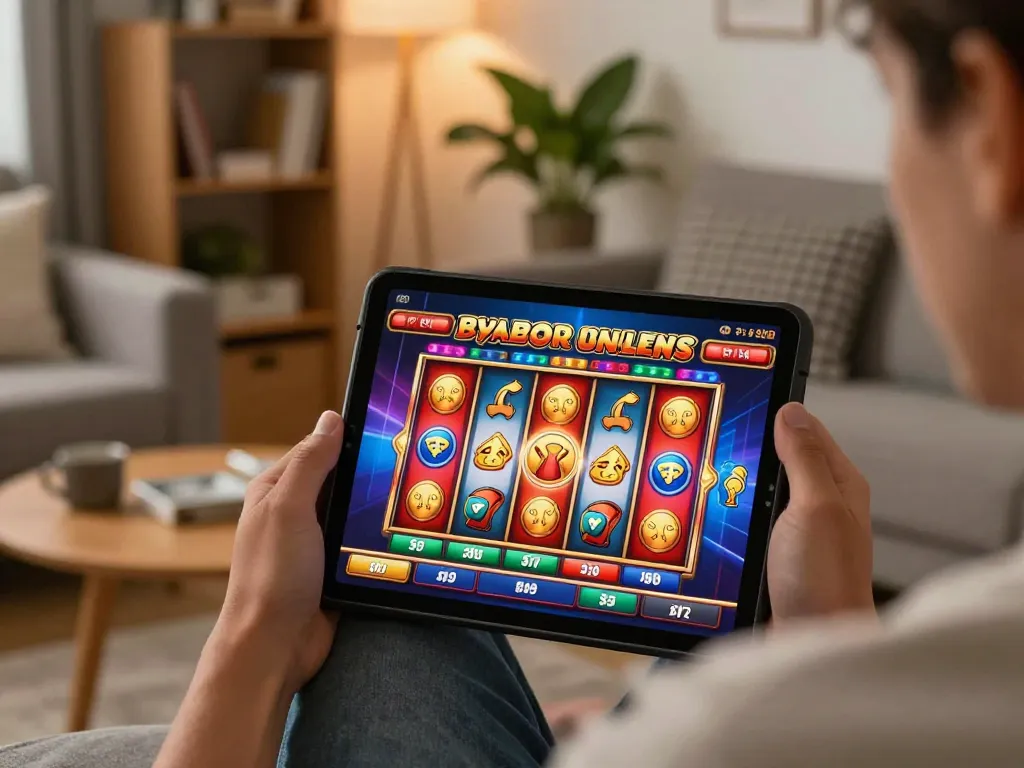 Player engaging with gajah toto casino game on tablet in cozy home environment showcasing strategic gameplay