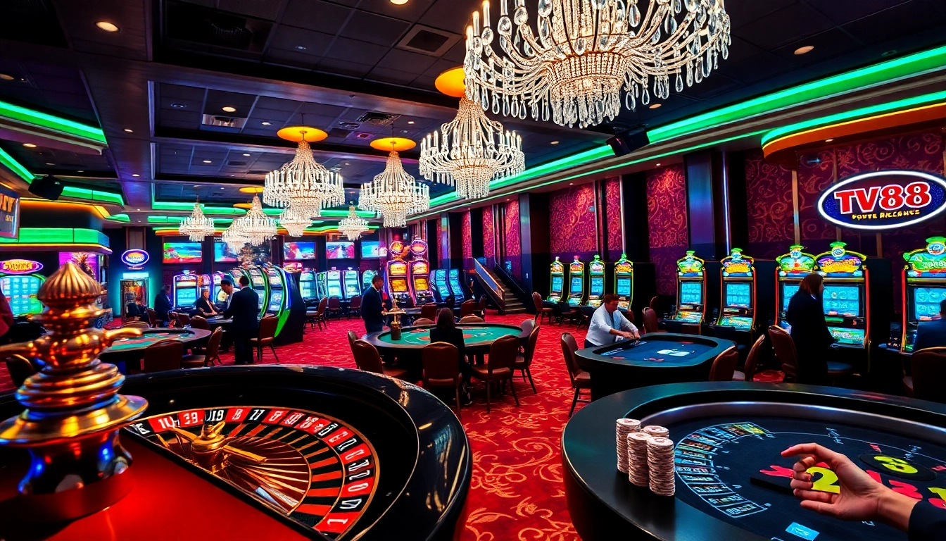 Experience the excitement at TV88 casino with vibrant slot machines and eager players.