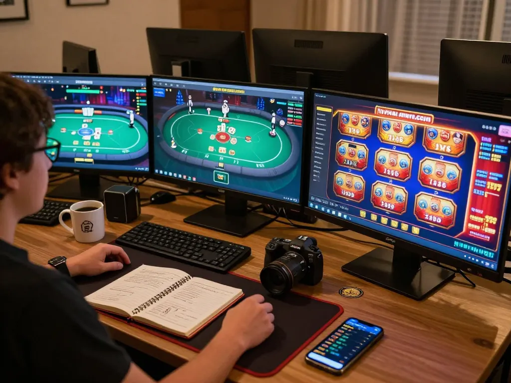 Engaging online gambling scene from https://www.atqvn.com/ with poker game display and cozy setting.