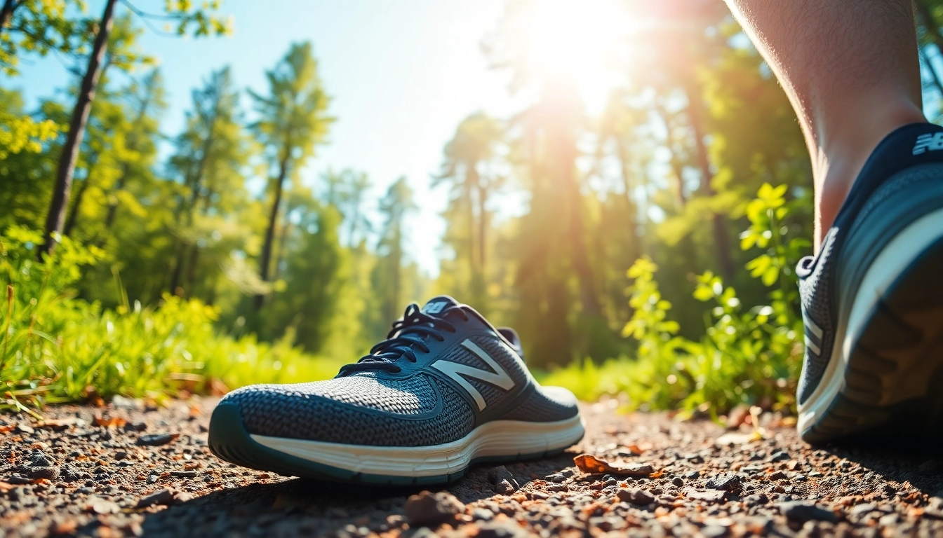 Usando los zapatos new balance 410 en un sendero forestal para correr.