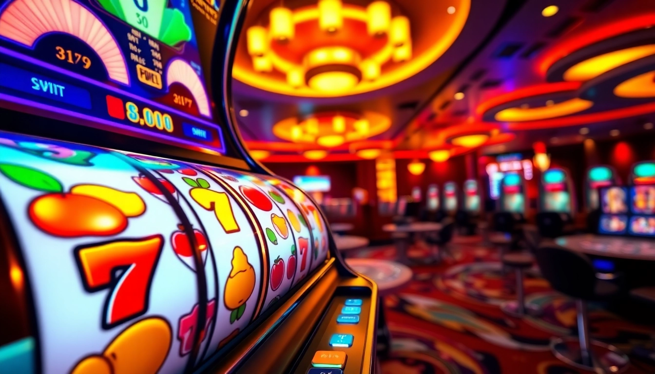 Spin the vibrant slot777 machine surrounded by casino ambiance for excitement and fun.