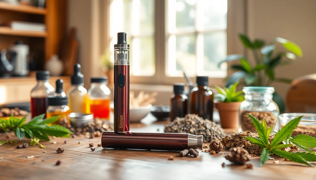 Stylish Vape Pen alongside flavored oils on a table, showcasing premium design and functionality.