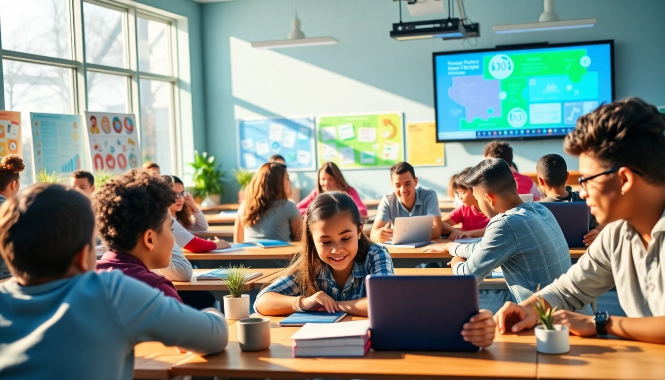 Education classroom scene promoting equity and innovation with diverse students collaborating.