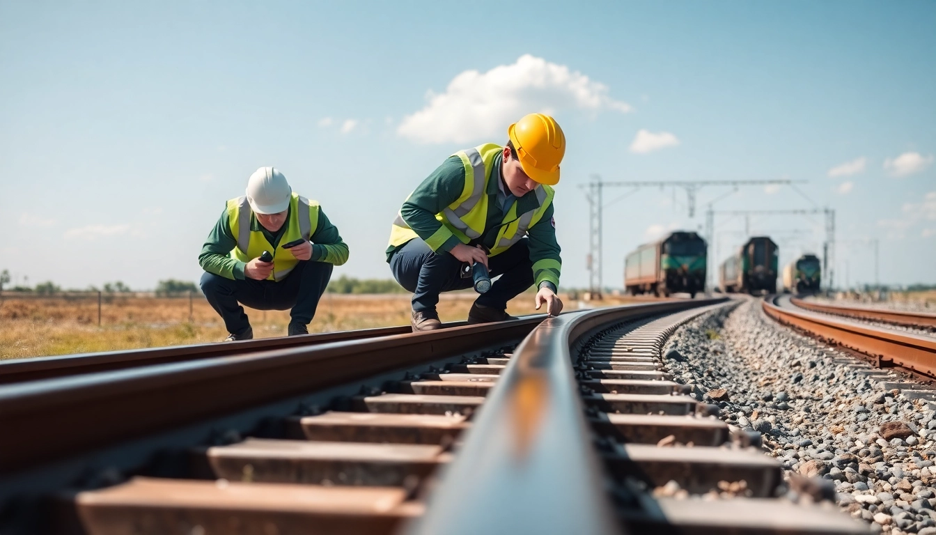 Track Inspectors Near Me assessing railway tracks with professional tools