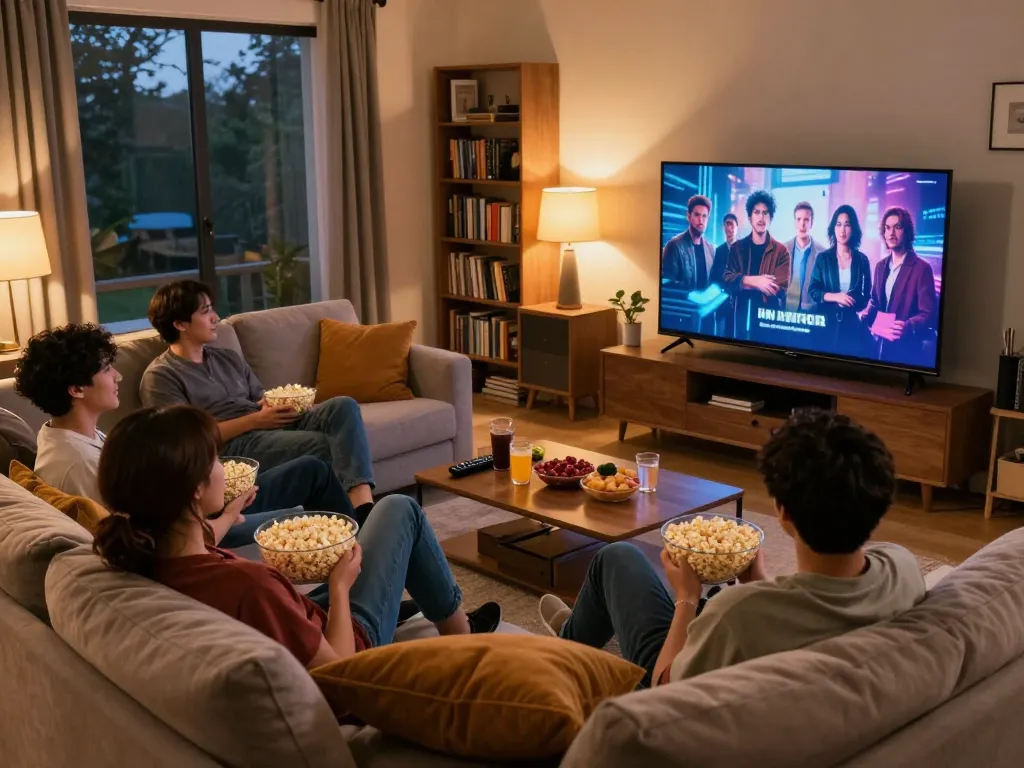 Friends enjoying a cozy evening binge-watching the top 7 shows binge-worthy shows in a warm living room.