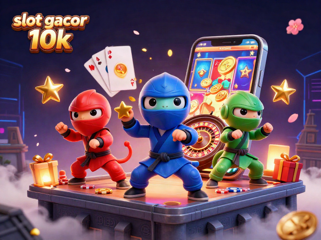 Experience slot gacor 10k excitement with a dynamic team of chameleon ninjas in a vibrant casino scene.