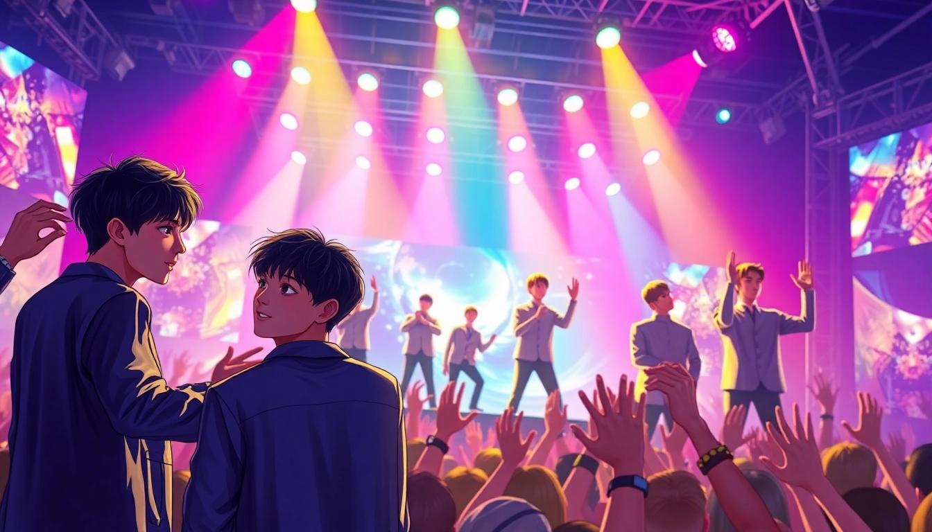 BTS members perform energetically in a vibrant concert scene, connecting with fans.