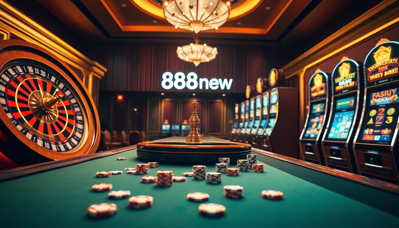 Exciting casino game scene showcasing '888new' with vibrant roulette and poker chips.